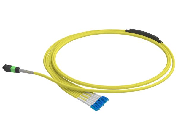1m (3ft) MTP®-16 APC (Female) to 8 LC UPC Duplex OS2 Single Mode Standard IL Breakout Cable, 16 Fibers, Plenum (OFNP), Yellow, for 800G Network Connection - 1