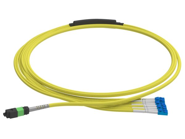 1m (3ft) MTP®-16 APC (Female) to 8 LC UPC Duplex OS2 Single Mode Standard IL Breakout Cable, 16 Fibers, Plenum (OFNP), Yellow, for 800G Network Connection