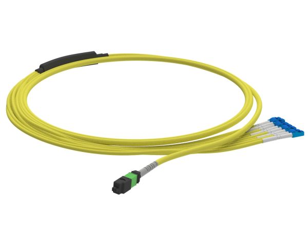 1m (3ft) MTP®-16 APC (Female) to 8 LC UPC Duplex OS2 Single Mode Standard IL Breakout Cable, 16 Fibers, Plenum (OFNP), Yellow, for 800G Network Connection