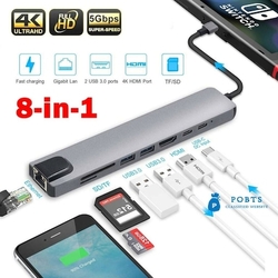 8 in 1 4K Type C USB 3.0 Hub HDMI RJ45 SDTF Adaptörü - Thumbnail