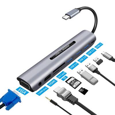9in1 USB-C Dock Station Multiport Çok Girişli 4K HDMI VGA Dönüştürücü