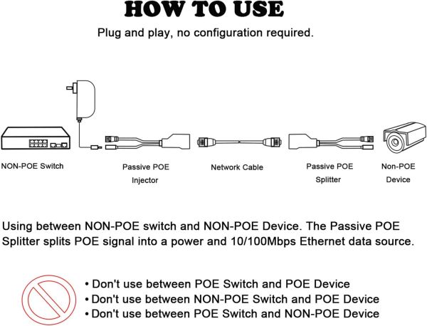 Passive Power Over Ethernet Adapter POE Cable Splitter Injector - 4